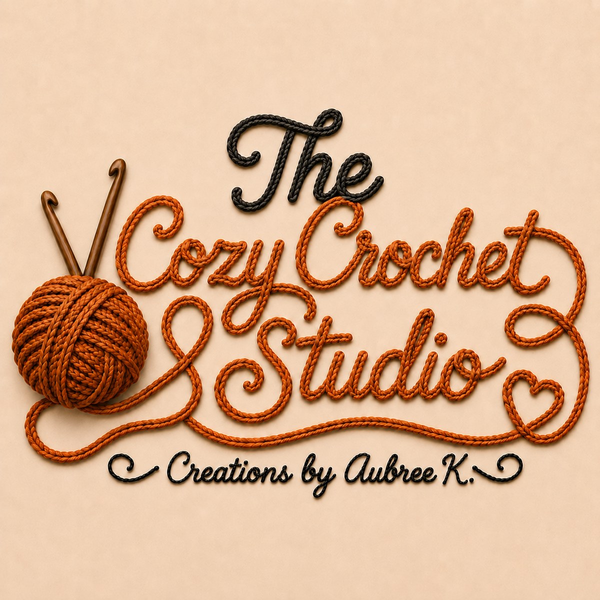 The Cozy Crochet Studio logo — the studio name written in orange knitted yarn with a yarn ball and crochet hooks