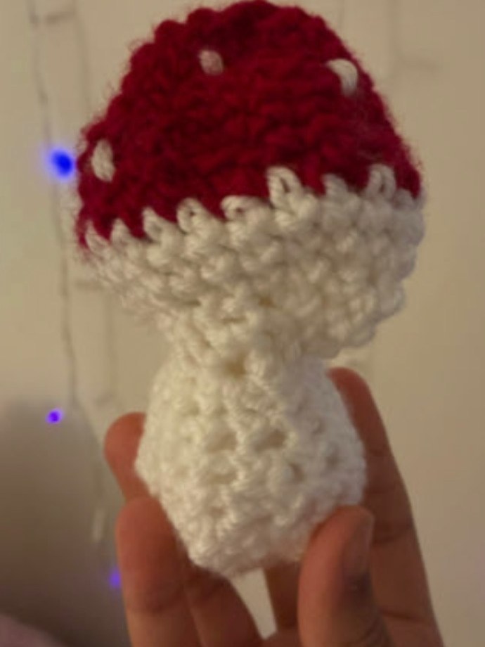 Red-and-white crochet pop-up mushroom held up in front of twinkle lights