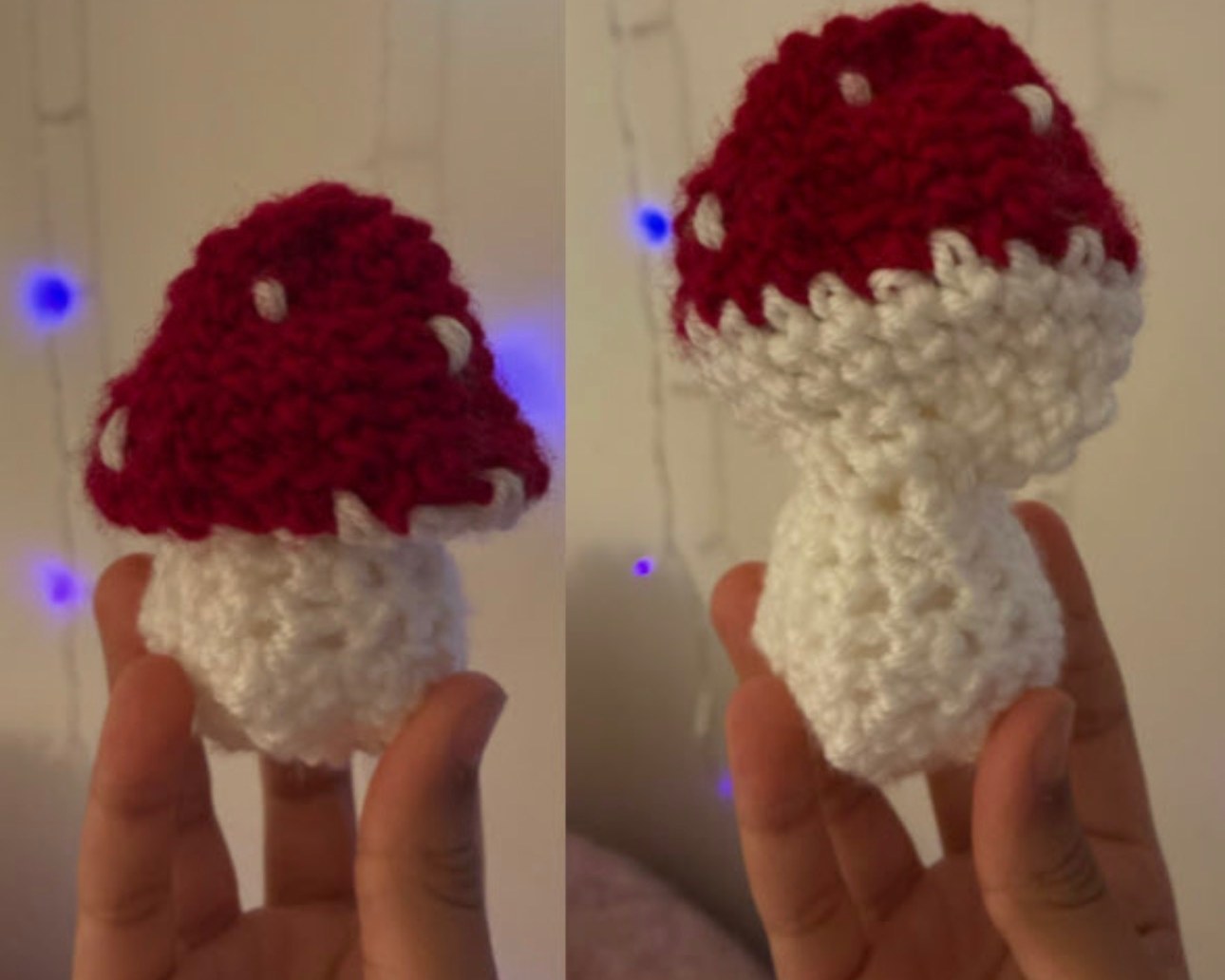 Hand-crocheted pop-up mushroom with a deep red spotted cap and soft white stem, held up in two photos